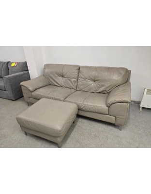 DFS Grey Leather Three Seater and Footstool