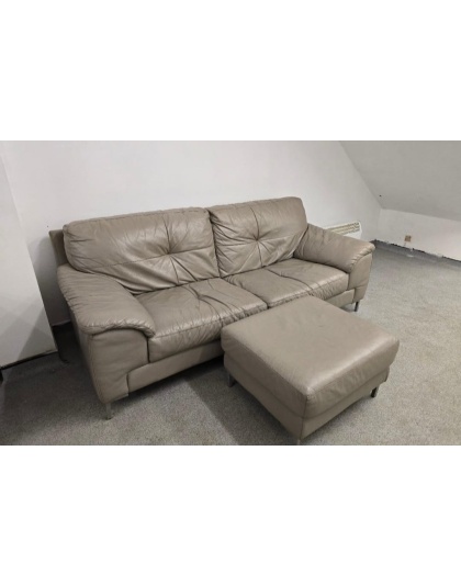 DFS Grey Leather Three Seater and Footstool