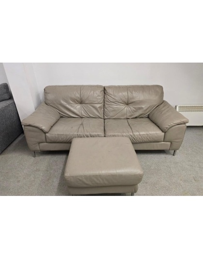 DFS Grey Leather Three Seater and Footstool