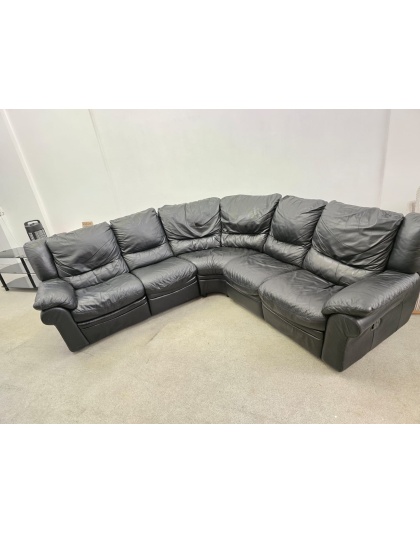 SCS Black Leather Corner Sofa with Manual Recliners