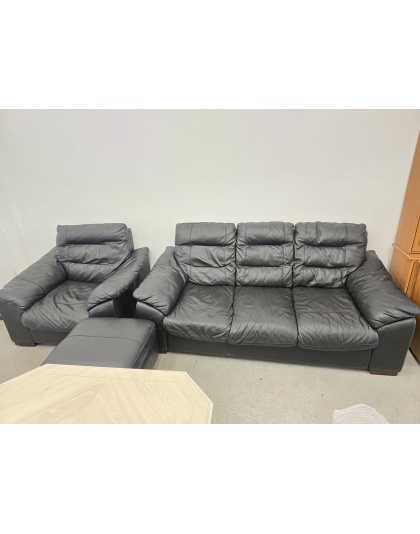 Black Leather Three Seater and Chair