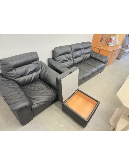 Black Leather Three Seater and Chair