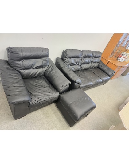 Black Leather Three Seater and Chair