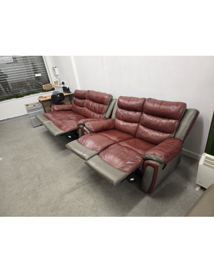 SCS Red/Grey Leather Three and Two Seater Manual Recliner