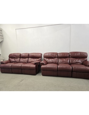 DFS Three Seater Oxblood Leather Manual Recliners