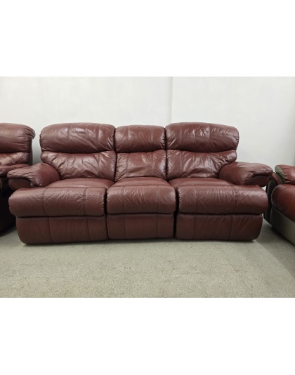 DFS Three Seater Oxblood Leather Manual Recliners