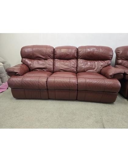 DFS Three Seater Oxblood Leather Manual Recliners