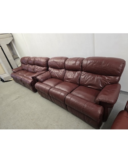 DFS Three Seater Oxblood Leather Manual Recliners