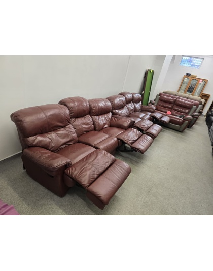 DFS Three Seater Oxblood Leather Manual Recliners