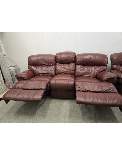 DFS Three Seater Oxblood Leather Manual Recliners