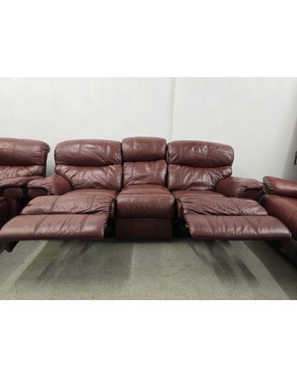 DFS Three Seater Oxblood Leather Manual Recliners